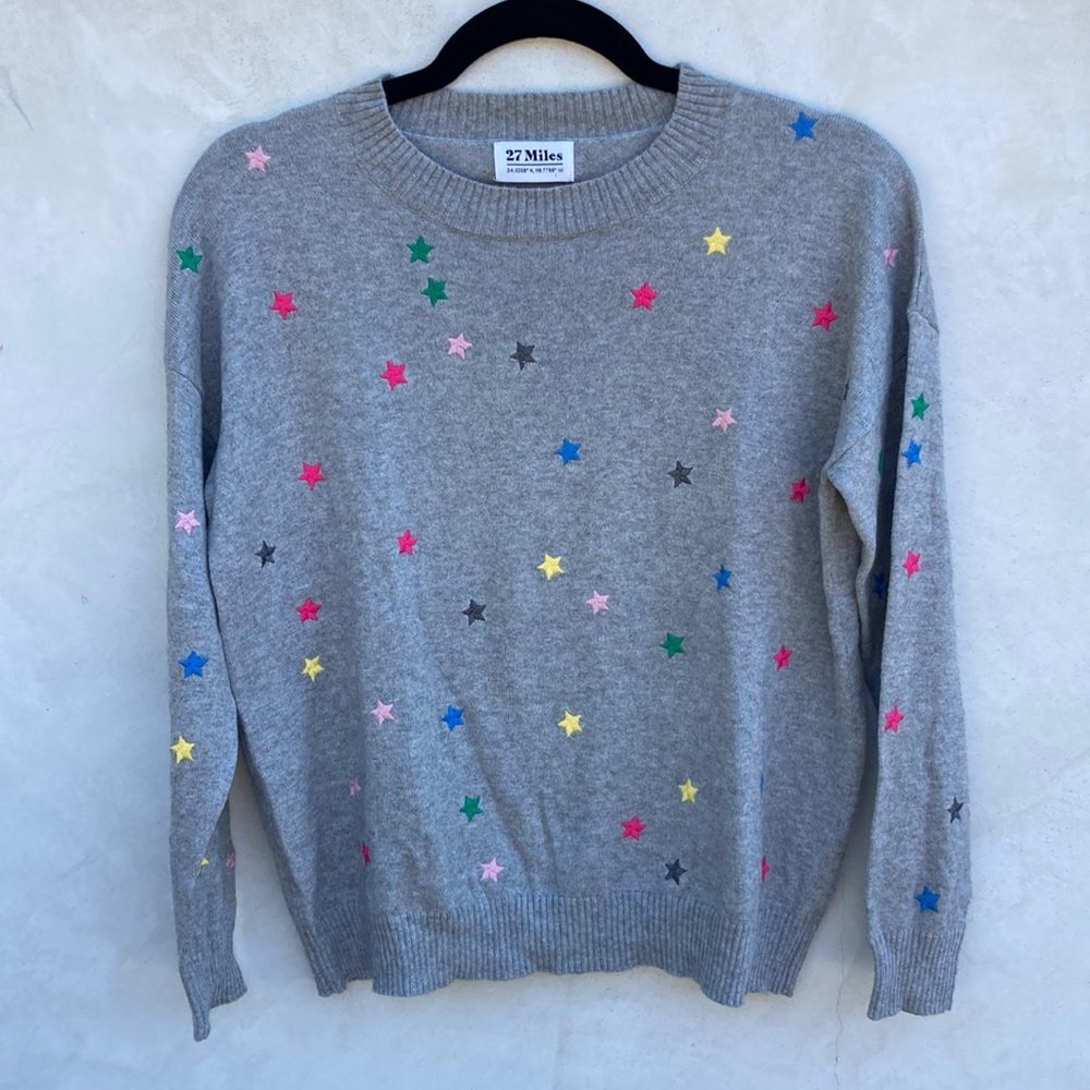 27 Miles Malibu Gray Crewneck Sweater with Multicolor Star Embroidery